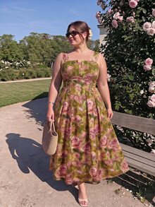 SHEIN MOD Plus Size Women's Floral Print Cup Strap Flared Dress - Multicolor - View 6