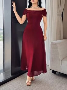 Feyla Women Off Shoulder Pleated Elegant Long Dress With Short Sleeves, Solid Color Wedding Dinner Formal Burgundy Summer - Burgundy - View 8