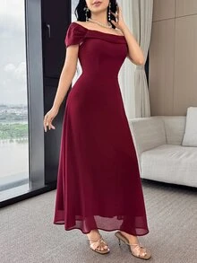 Feyla Women Off Shoulder Pleated Elegant Long Dress With Short Sleeves, Solid Color Wedding Dinner Formal Burgundy Summer - Burgundy - View 7