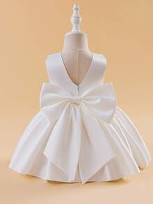 Glamorique Kids 女嬰花童婚禮禮服，緞面薄紗，後背蝴蝶結，刺繡花卉，派對選美生日正式穿著，秋冬白色可愛優雅 - 米色 - 查看 3