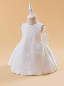 Glamorique Kids 女嬰花童婚禮禮服，緞面薄紗，後背蝴蝶結，刺繡花卉，派對選美生日正式穿著，秋冬白色可愛優雅 - 米色 - 查看 6