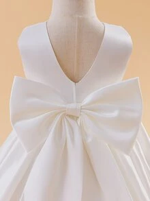 Glamorique Kids 女嬰花童婚禮禮服，緞面薄紗，後背蝴蝶結，刺繡花卉，派對選美生日正式穿著，秋冬白色可愛優雅 - 米色 - 查看 5