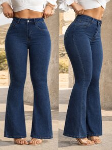 Flexra Plus Size High Waisted Slim Fit Flare Leg Dark Washed Jeans - Dark Wash - View 1