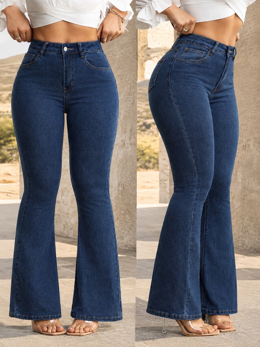 Flexra Plus Size High Waisted Slim Fit Flare Leg Dark Washed Jeans - Dark Wash - View 1