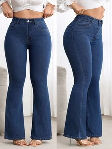 Flexra Plus Size High Waisted Slim Fit Flare Leg Dark Washed Jeans - Dark Wash - View 3