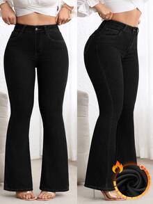 Flexra Plus Size Washed High Waist Slim Fit Flare Jeans - Black - View 3