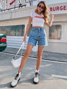 Flexra Solid Raw Hem Denim Shorts, Mom Shorts Summer - Light Wash - View 6