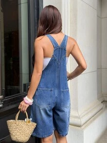 Rivivi Washed Non-Stretch High Waist Metal Button Multiple Pockets Suspenders Blue Shorts Travel Summer Casual - Blue - View 2