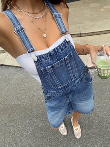 Rivivi Washed Non-Stretch High Waist Metal Button Multiple Pockets Suspenders Blue Shorts Travel Summer Casual - Blue - View 5