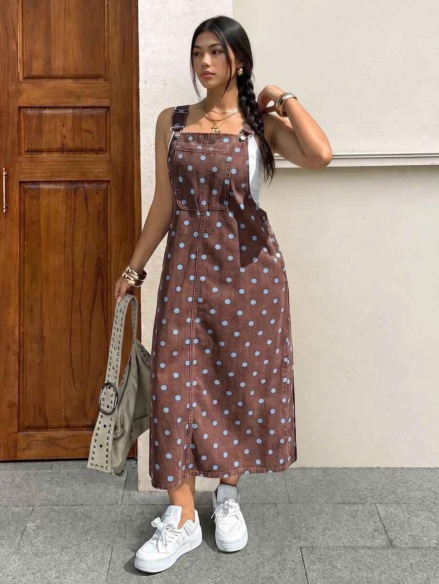 Rivivi Plus Size Fashion Street 1960s 80s Polka Dot Print Pocket Denim Dress Brunch Date Night Royal Blue Autumn - Brown - View 1