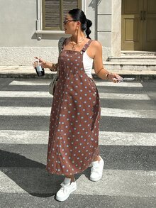 Rivivi Plus Size Fashion Street 1960s 80s Polka Dot Print Pocket Denim Dress Brunch Date Night Royal Blue Autumn - Brown - View 7