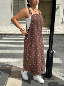 Rivivi Plus Size Fashion Street 1960s 80s Polka Dot Print Pocket Denim Dress Brunch Date Night Royal Blue Autumn - Brown - View 4
