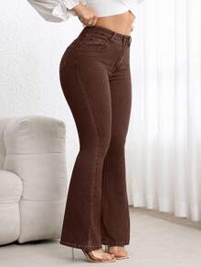 Flexra Plus Size High Waist Slim Fit Flare Leg Washed Dark Blue Jeans - Coffee Brown - View 5
