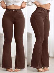 Flexra Plus Size High Waist Slim Fit Flare Leg Washed Dark Blue Jeans - Coffee Brown - View 3