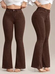 Flexra Plus Size High Waist Slim Fit Flare Leg Washed Dark Blue Jeans - Coffee Brown - View 1
