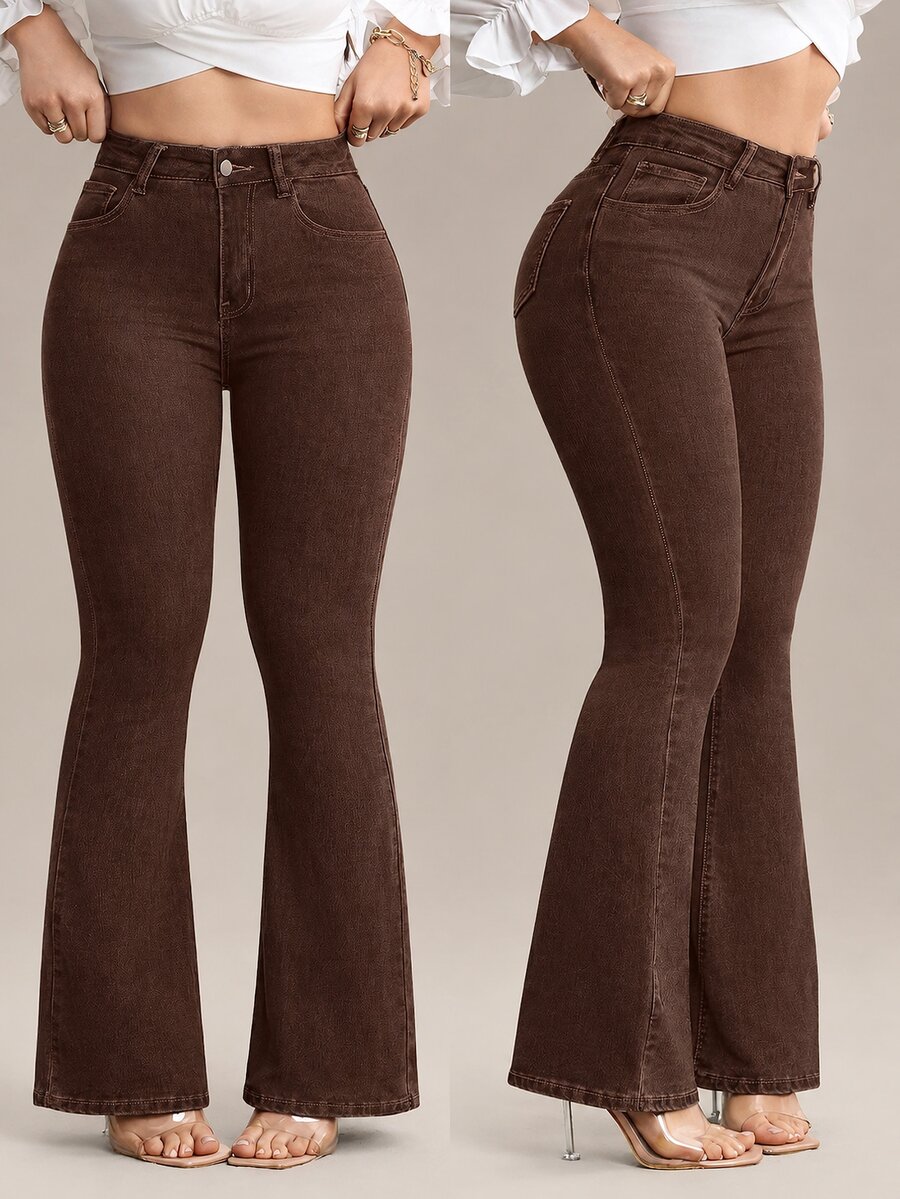 Flexra Plus Size High Waist Slim Fit Flare Leg Washed Dark Blue Jeans - Coffee Brown - View 1