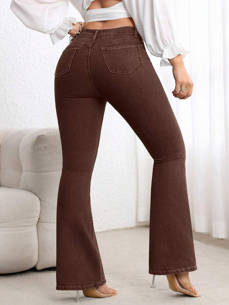 Flexra Plus Size High Waist Slim Fit Flare Leg Washed Dark Blue Jeans - Coffee Brown - View 2