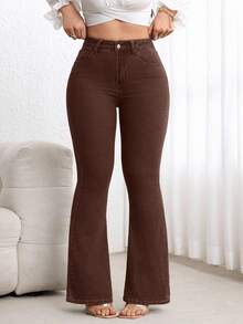 Flexra Plus Size High Waist Slim Fit Flare Leg Washed Dark Blue Jeans - Coffee Brown - View 6