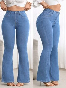 Flexra Plus Size Dark Blue Wash High Waist Slim Fit Flare Jeans - Light Wash - View 3