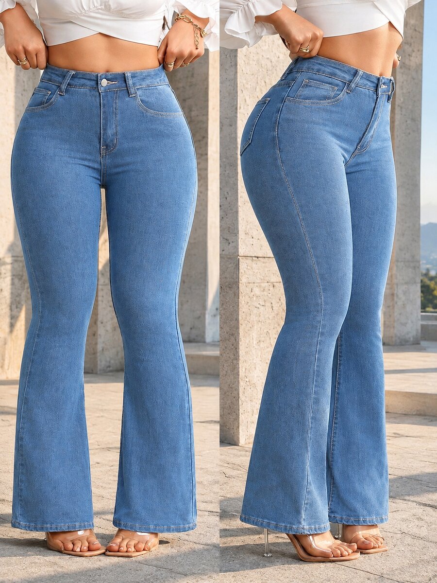 Flexra Plus Size Dark Blue Wash High Waist Slim Fit Flare Jeans - Light Wash - View 1