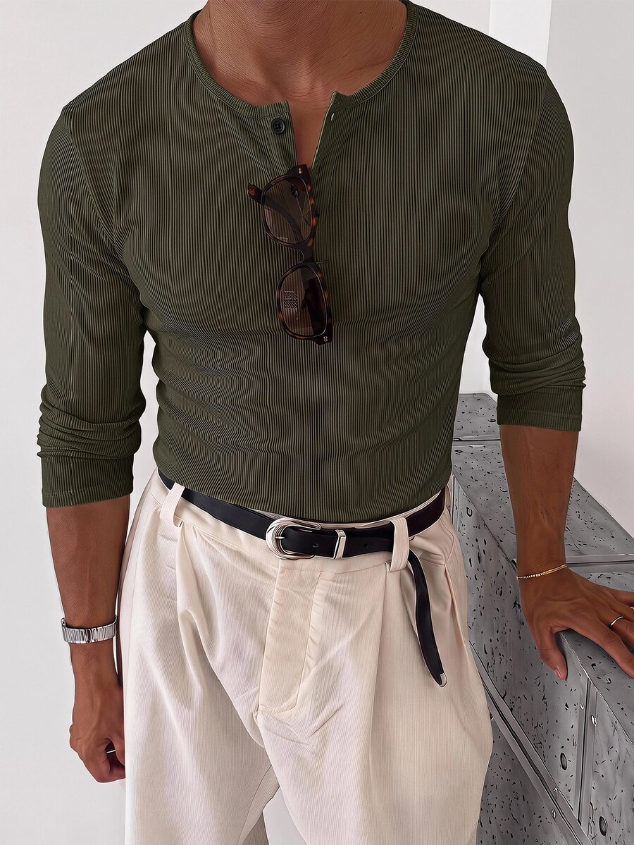 ESTAVOR Men's Casual Versatile White Long Sleeve T-Shirt - Army Green - View 1
