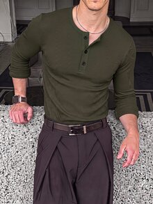 ESTAVOR 男士休閒百搭白色長袖T恤 - 軍綠色 - 查看 8