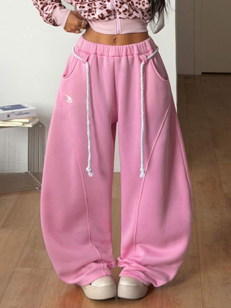 Coolane Women's All-Season Basic Casual Streetwear Back To School Preppy Sporty Lounge Pink Elastic Waist Drawstring Wide Leg Sweatpants - Baby Pink - View 1