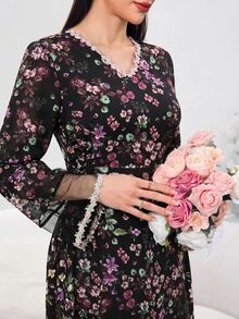 Al Najma 女款婚禮辦公晚宴蓬鬆刺繡花卉印花阿拉伯傳統禮服 秋季端莊菲律賓風印度風優雅黑色 - 彩色 - 查看 2