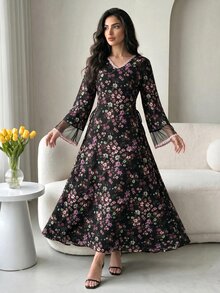 Al Najma 女款婚禮辦公晚宴蓬鬆刺繡花卉印花阿拉伯傳統禮服 秋季端莊菲律賓風印度風優雅黑色 - 彩色 - 查看 1