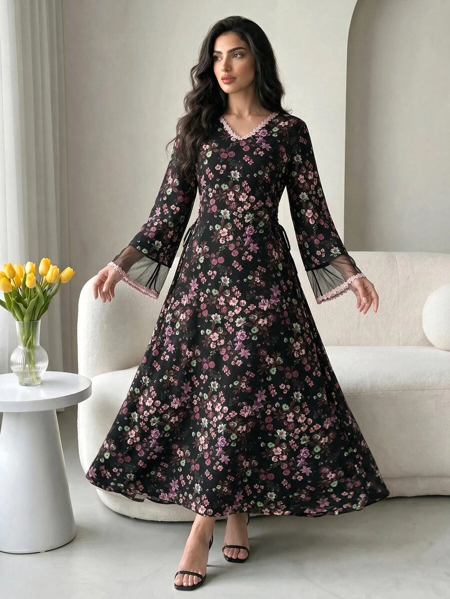 Al Najma 女款婚禮辦公晚宴蓬鬆刺繡花卉印花阿拉伯傳統禮服 秋季端莊菲律賓風印度風優雅黑色 - 彩色 - 查看 1