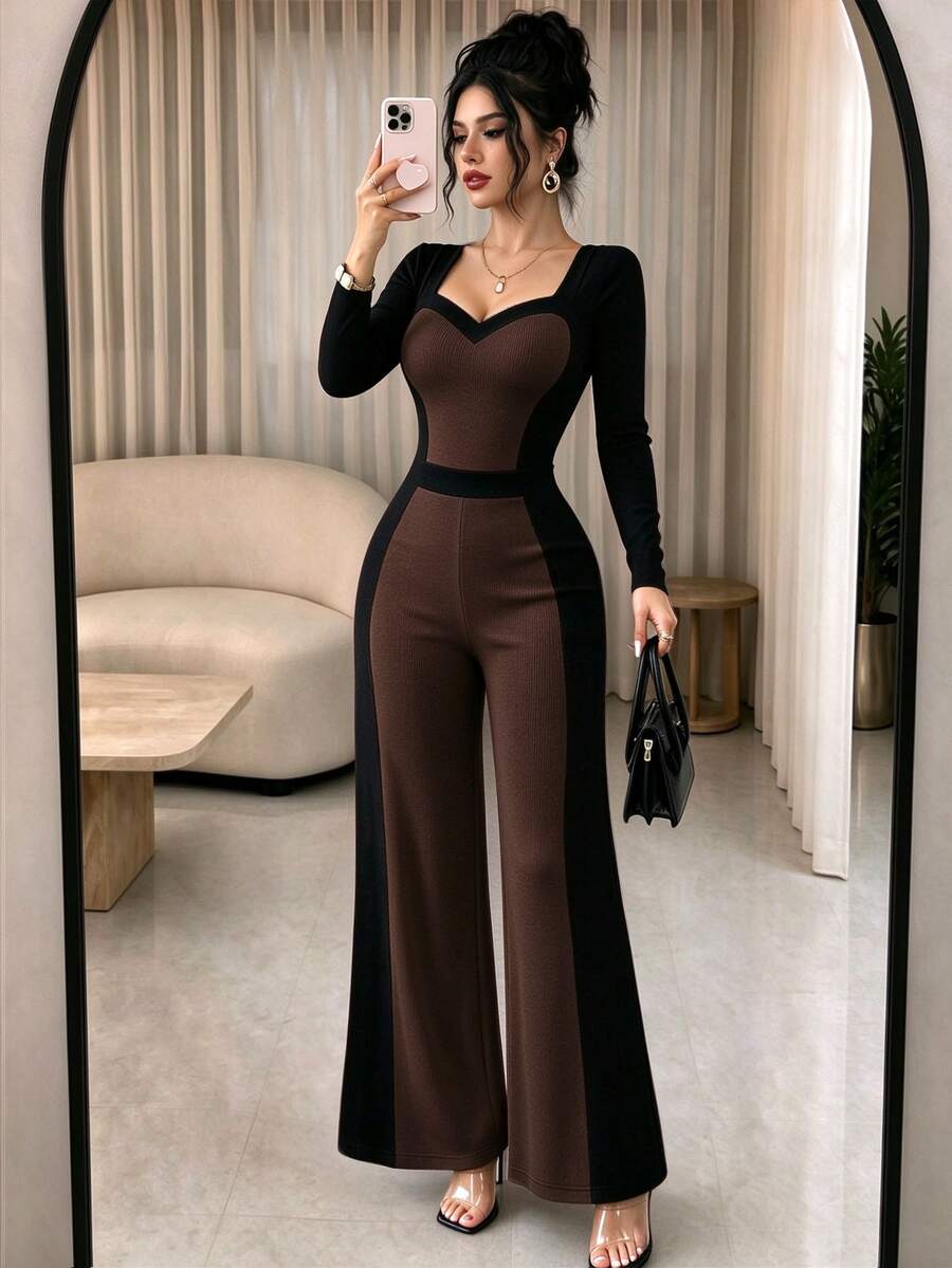 Elenzga New Women's Long Sleeve Slim Fit Knit Jumpsuit, Textured Fabric ...
