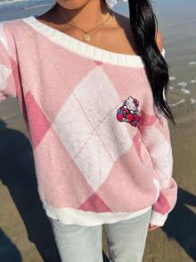 HELLO KITTY AND FRIENDS | SHEIN SHEIN EZwear 女款露肩卡通圖案休閒日常長袖針織衫 - 彩色 - 查看 4