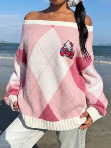 HELLO KITTY AND FRIENDS | SHEIN SHEIN EZwear 女款露肩卡通圖案休閒日常長袖針織衫 - 彩色 - 查看 3