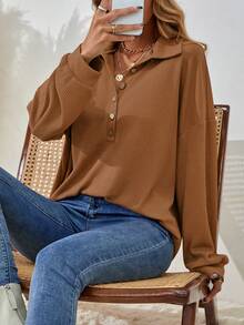 SHEIN Women's Vintage Minimalist Button Half-Placket Long Sleeve T-Shirt - Mocha Brown - View 7