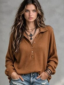 SHEIN Women's Vintage Minimalist Button Half-Placket Long Sleeve T-Shirt - Mocha Brown - View 1