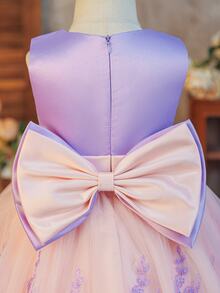 Glamorique Kids 女嬰淡粉色蕾絲貼花薄紗禮服，背後蝴蝶結，適合返校季、1歲生日、花童、生日派對、婚禮、晚宴，夏季優雅可愛秋季款 - 紫色 - 查看 5