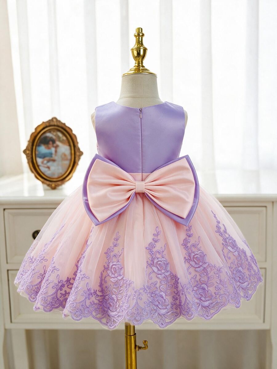 Glamorique Kids 女嬰淡粉色蕾絲貼花薄紗禮服，背後蝴蝶結，適合返校季、1歲生日、花童、生日派對、婚禮、晚宴，夏季優雅可愛秋季款