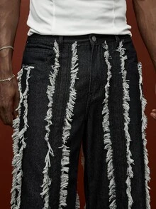 ROMWE MEN Street Life Men's Frayed Hem Casual Versatile Everyday Denim Jeans - Blue - View 2
