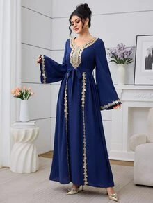 Mulvari Navy Blue Long Sleeve Embroidered Collar Pleated Party Christening Guest Formal Cocktail Dress Winter Modest Casual Elegant Wedding - Royal Blue - View 4