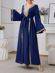 Mulvari Navy Blue Long Sleeve Embroidered Collar Pleated Party Christening Guest Formal Cocktail Dress Winter Modest Casual Elegant Wedding - Royal Blue - View 5