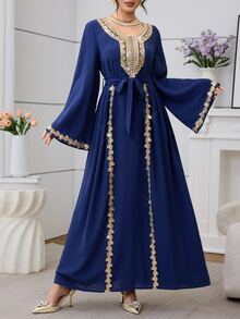 Mulvari Navy Blue Long Sleeve Embroidered Collar Pleated Party Christening Guest Formal Cocktail Dress Winter Modest Casual Elegant Wedding - Royal Blue - View 6