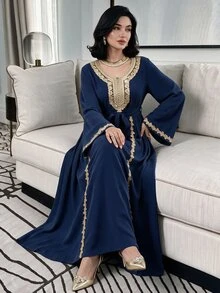 Mulvari Navy Blue Long Sleeve Embroidered Collar Pleated Party Christening Guest Formal Cocktail Dress Winter Modest Casual Elegant Wedding - Royal Blue - View 1
