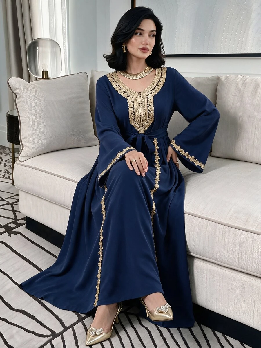 Mulvari Navy Blue Long Sleeve Embroidered Collar Pleated Party Christening Guest Formal Cocktail Dress Winter Modest Casual Elegant Wedding - Royal Blue - View 1