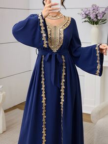 Mulvari Navy Blue Long Sleeve Embroidered Collar Pleated Party Christening Guest Formal Cocktail Dress Winter Modest Casual Elegant Wedding - Royal Blue - View 3