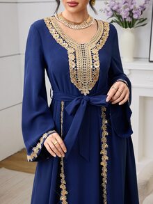 Mulvari Navy Blue Long Sleeve Embroidered Collar Pleated Party Christening Guest Formal Cocktail Dress Winter Modest Casual Elegant Wedding - Royal Blue - View 7