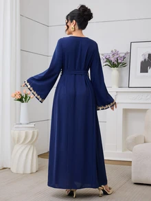 Mulvari Navy Blue Long Sleeve Embroidered Collar Pleated Party Christening Guest Formal Cocktail Dress Winter Modest Casual Elegant Wedding - Royal Blue - View 2