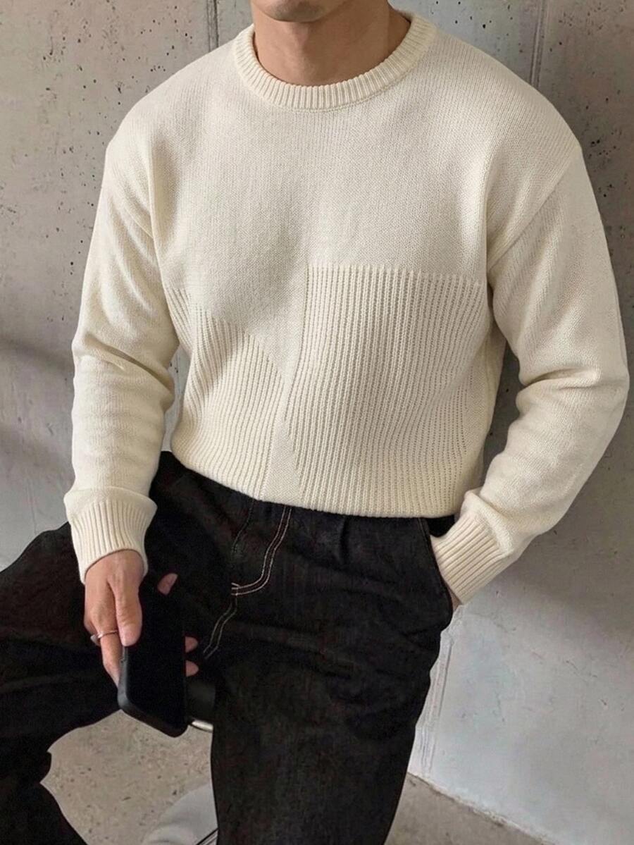Manfinity CasualKnits Áo len nam tay dài màu trơn phong cách Old Money, mặc thường ngày, đa năng, casual - Màu be - Xem 1