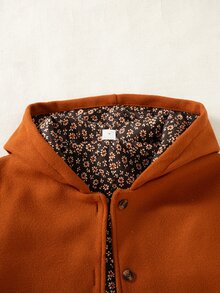 Girls' Fall Brown Wool-Like Fabric Hooded Jacket With Floral Lining And Single-Breasted Buttons, Suitable For Daily Wear School Off Campus Modest Cute - Brown - View 3