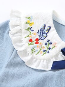 SHEIN 女童 2 件套丹寧風上衣 棕色彼得潘領燈籠長袖襯衫 寬腿褲 極簡風 嬰兒秋季 7 歲生日禮物 - 藍色 - 查看 5