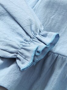 SHEIN 女童 2 件套丹寧風上衣 棕色彼得潘領燈籠長袖襯衫 寬腿褲 極簡風 嬰兒秋季 7 歲生日禮物 - 藍色 - 查看 7